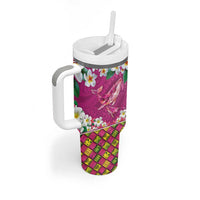 Hawaiian Plumeria and Humpback Whales Tumbler With Handle Polynerian Art Tattoo-Plum Pink Color
