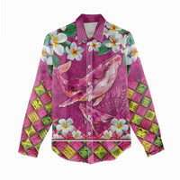 Hawaiian Plumeria and Humpback Whales Women Casual Shirt Polynerian Art Tattoo-Plum Pink Color