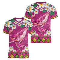 Hawaiian Plumeria and Humpback Whales Women V-Neck T-Shirt Polynerian Art Tattoo-Plum Pink Color
