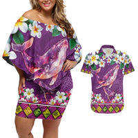 Hawaiian Plumeria and Humpback Whales Couples Matching Off Shoulder Short Dress and Hawaiian Shirt Polynerian Art Tattoo-Mauve Color