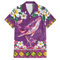 Hawaiian Plumeria and Humpback Whales Family Matching Off The Shoulder Long Sleeve Dress and Hawaiian Shirt Polynerian Art Tattoo-Mauve Color