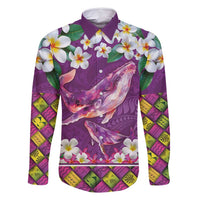 Hawaiian Plumeria and Humpback Whales Family Matching Off Shoulder Short Dress and Hawaiian Shirt Polynerian Art Tattoo-Mauve Color LT03 Dad's Shirt - Long Sleeve Purple - Polynesian Pride