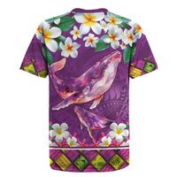 Hawaiian Plumeria and Humpback Whales Rugby Jersey Polynerian Art Tattoo-Mauve Color