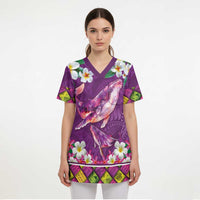 Hawaiian Plumeria and Humpback Whales Scrub Top Polynerian Art Tattoo-Mauve Color LT03 - Polynesian Pride