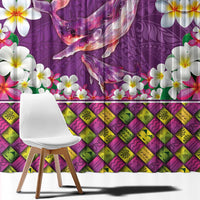 Hawaiian Plumeria and Humpback Whales Window Curtain Polynerian Art Tattoo-Mauve Color