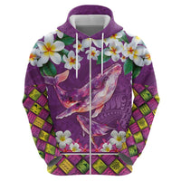 Hawaiian Plumeria and Humpback Whales Zip Hoodie Polynerian Art Tattoo-Mauve Color
