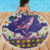 Hawaiian Plumeria and Humpback Whales Beach Blanket Polynerian Art Tattoo-Navy Color