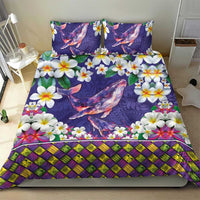 Hawaiian Plumeria and Humpback Whales Bedding Set Polynerian Art Tattoo-Navy Color