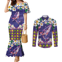 Hawaiian Plumeria and Humpback Whales Couples Matching Mermaid Dress and Long Sleeve Button Shirt Polynerian Art Tattoo-Navy Color