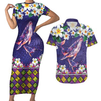 Hawaiian Plumeria and Humpback Whales Couples Matching Short Sleeve Bodycon Dress and Hawaiian Shirt Polynerian Art Tattoo-Navy Color