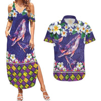 Hawaiian Plumeria and Humpback Whales Couples Matching Summer Maxi Dress and Hawaiian Shirt Polynerian Art Tattoo-Navy Color