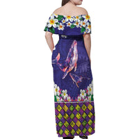 Hawaiian Plumeria and Humpback Whales Family Matching Off Shoulder Maxi Dress and Hawaiian Shirt Polynerian Art Tattoo-Navy Color