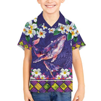 Hawaiian Plumeria and Humpback Whales Family Matching Off Shoulder Short Dress and Hawaiian Shirt Polynerian Art Tattoo-Navy Color