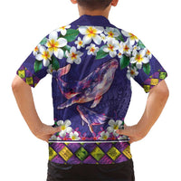 Hawaiian Plumeria and Humpback Whales Family Matching Short Sleeve Bodycon Dress and Hawaiian Shirt Polynerian Art Tattoo-Navy Color