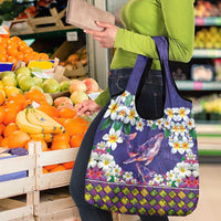 Hawaiian Plumeria and Humpback Whales Grocery Bag Polynerian Art Tattoo-Navy Color