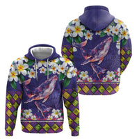Hawaiian Plumeria and Humpback Whales Hoodie Polynerian Art Tattoo-Navy Color