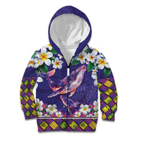Hawaiian Plumeria and Humpback Whales Kid Hoodie Polynerian Art Tattoo-Navy Color