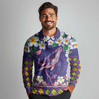 Hawaiian Plumeria and Humpback Whales Long Sleeve Polo Shirt Polynerian Art Tattoo-Navy Color