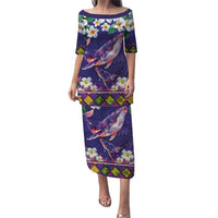 Hawaiian Plumeria and Humpback Whales Puletasi Polynerian Art Tattoo-Navy Color LT03 Long Dress Navy - Polynesian Pride