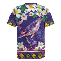Hawaiian Plumeria and Humpback Whales Rugby Jersey Polynerian Art Tattoo-Navy Color