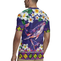 Hawaiian Plumeria and Humpback Whales Rugby Jersey Polynerian Art Tattoo-Navy Color