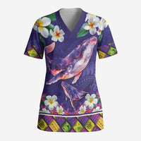 Hawaiian Plumeria and Humpback Whales Scrub Top Polynerian Art Tattoo-Navy Color LT03 Adult Navy - Polynesian Pride