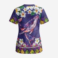 Hawaiian Plumeria and Humpback Whales Scrub Top Polynerian Art Tattoo-Navy Color LT03 - Polynesian Pride