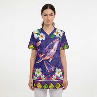 Hawaiian Plumeria and Humpback Whales Scrub Top Polynerian Art Tattoo-Navy Color LT03 - Polynesian Pride