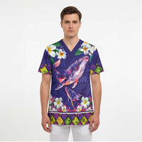 Hawaiian Plumeria and Humpback Whales Scrub Top Polynerian Art Tattoo-Navy Color LT03 - Polynesian Pride