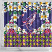 Hawaiian Plumeria and Humpback Whales Shower Curtain Polynerian Art Tattoo-Navy Color