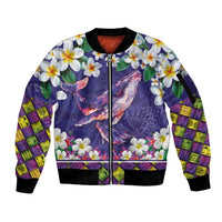 Hawaiian Plumeria and Humpback Whales Sleeve Zip Bomber Jacket Polynerian Art Tattoo-Navy Color LT03 Unisex Navy - Polynesian Pride