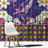 Hawaiian Plumeria and Humpback Whales Window Curtain Polynerian Art Tattoo-Navy Color