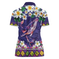 Hawaiian Plumeria and Humpback Whales Women Polo Shirt Polynerian Art Tattoo-Navy Color
