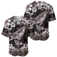 Hawaiian Plumeria and Humpback Whales Baseball Jersey Polynerian Art Tattoo-Grayscale Mode