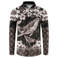 Hawaiian Plumeria and Humpback Whales Button Sweatshirt Polynerian Art Tattoo-Grayscale Mode