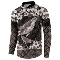 Hawaiian Plumeria and Humpback Whales Button Sweatshirt Polynerian Art Tattoo-Grayscale Mode