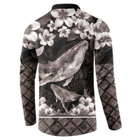 Hawaiian Plumeria and Humpback Whales Button Sweatshirt Polynerian Art Tattoo-Grayscale Mode