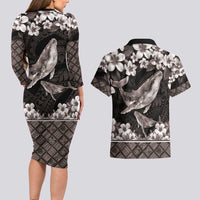 Hawaiian Plumeria and Humpback Whales Couples Matching Long Sleeve Bodycon Dress and Hawaiian Shirt Polynerian Art Tattoo-Grayscale Mode