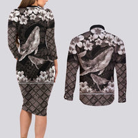 Hawaiian Plumeria and Humpback Whales Couples Matching Long Sleeve Bodycon Dress and Long Sleeve Button Shirt Polynerian Art Tattoo-Grayscale Mode