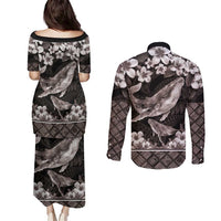 Hawaiian Plumeria and Humpback Whales Couples Matching Puletasi and Long Sleeve Button Shirt Polynerian Art Tattoo-Grayscale Mode