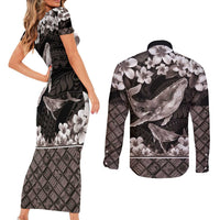 Hawaiian Plumeria and Humpback Whales Couples Matching Short Sleeve Bodycon Dress and Long Sleeve Button Shirt Polynerian Art Tattoo-Grayscale Mode