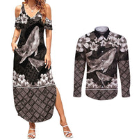 Hawaiian Plumeria and Humpback Whales Couples Matching Summer Maxi Dress and Long Sleeve Button Shirt Polynerian Art Tattoo-Grayscale Mode
