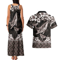 Hawaiian Plumeria and Humpback Whales Couples Matching Tank Maxi Dress and Hawaiian Shirt Polynerian Art Tattoo-Grayscale Mode