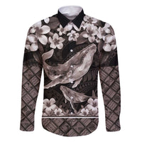 Hawaiian Plumeria and Humpback Whales Family Matching Long Sleeve Bodycon Dress and Hawaiian Shirt Polynerian Art Tattoo-Grayscale Mode LT03 Dad's Shirt - Long Sleeve Black - Polynesian Pride