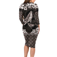 Hawaiian Plumeria and Humpback Whales Family Matching Long Sleeve Bodycon Dress and Hawaiian Shirt Polynerian Art Tattoo-Grayscale Mode LT03 - Polynesian Pride