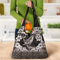 Hawaiian Plumeria and Humpback Whales Grocery Bag Polynerian Art Tattoo-Grayscale Mode