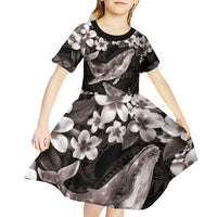 Hawaiian Plumeria and Humpback Whales Kid Short Sleeve Dress Polynerian Art Tattoo-Grayscale Mode
