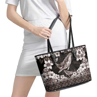 Hawaiian Plumeria and Humpback Whales Leather Tote Bag Polynerian Art Tattoo-Grayscale Mode LT03 - Polynesian Pride
