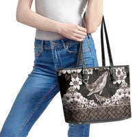 Hawaiian Plumeria and Humpback Whales Leather Tote Bag Polynerian Art Tattoo-Grayscale Mode LT03 - Polynesian Pride