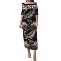 Hawaiian Plumeria and Humpback Whales Puletasi Polynerian Art Tattoo-Grayscale Mode LT03 Long Dress Black - Polynesian Pride